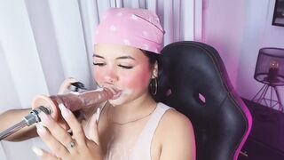 Lizz_Tender - Young bitch sucks a big rubber cock down her throat and chats with the chat room